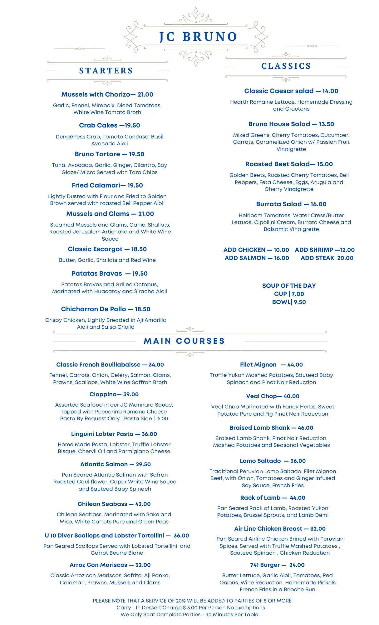 JC Bruno Dinner Menu JC Bruno Restaurant dinner menu with starters, classic salads and main courses