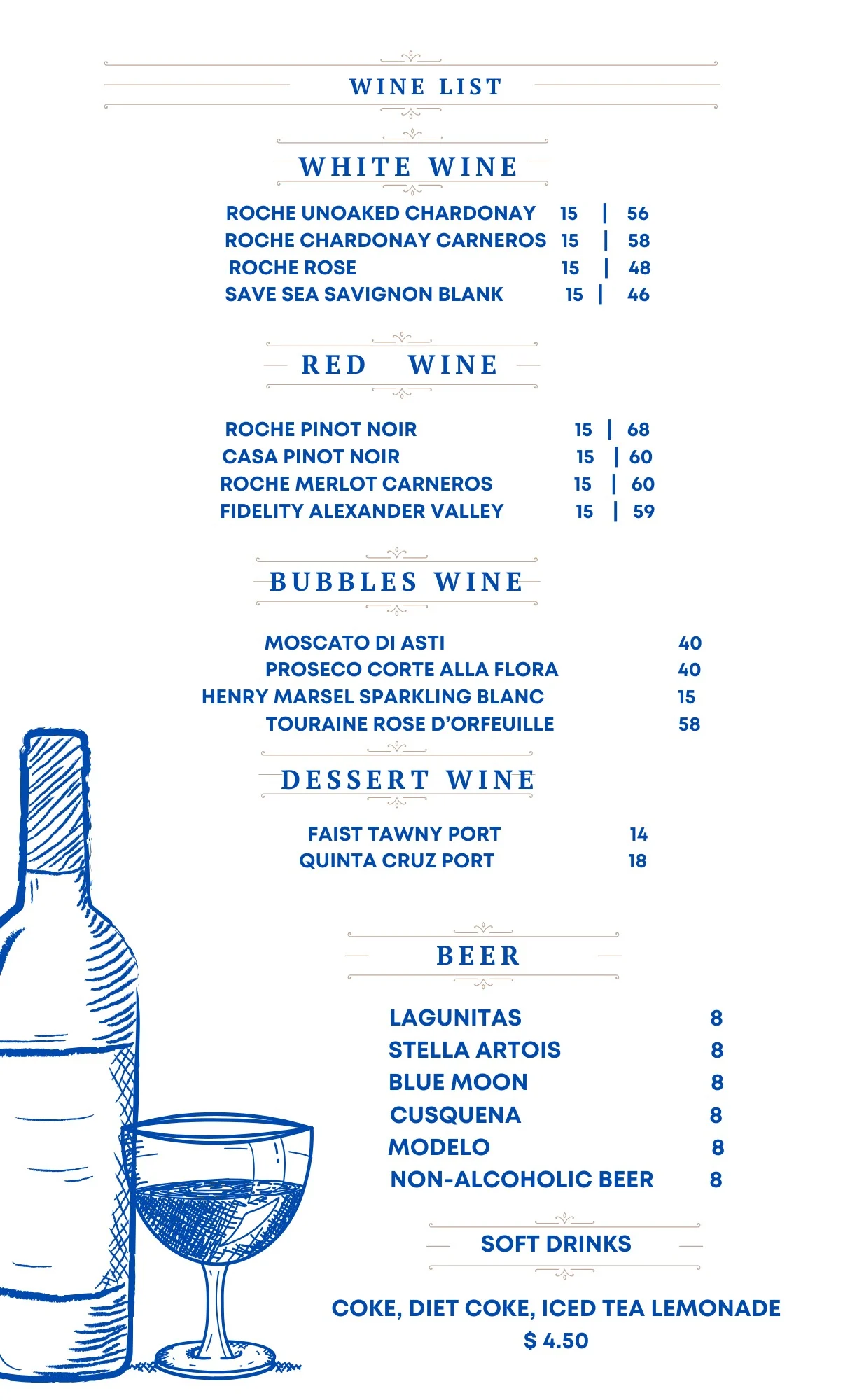 JC Bruno Wine List JC Bruno wine list with white, red, sparkling and dessert wines, plus beer and soft drinks